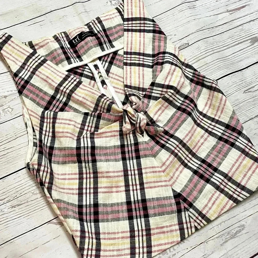 🎀EUC 🎀 Zara Womens TRF Plaid Crop Tank Top Sleeveless XS Bow Detail Pink Black - Picture 11 of 13